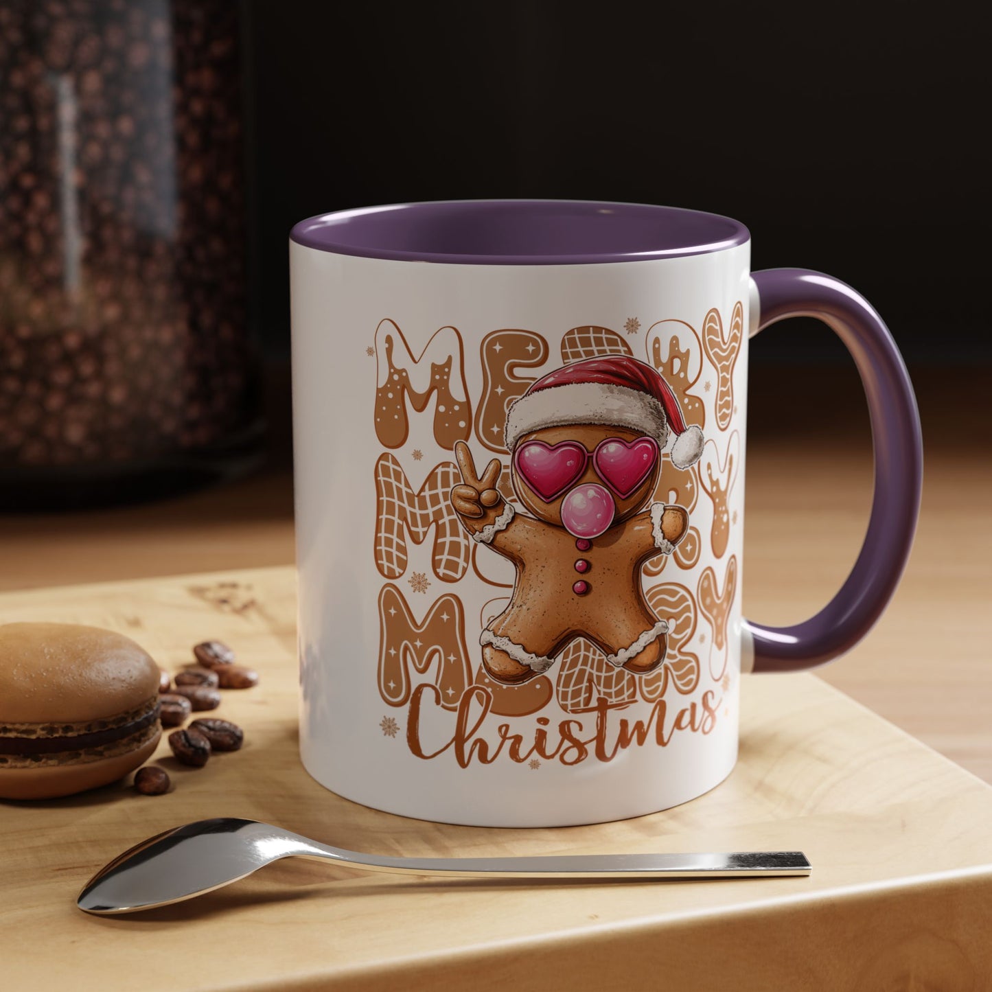 Cute Gingerbread Christmas Mug – Funny Holiday Cookie Cup with Heart Eyes & Bubble Gum