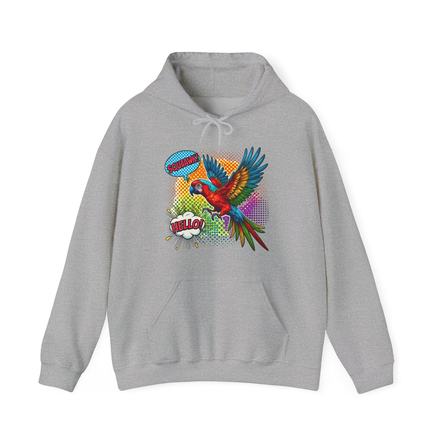 Parrot Pop Art Hoodie — Colorful Macaw 'Hello' Graphic Pullover