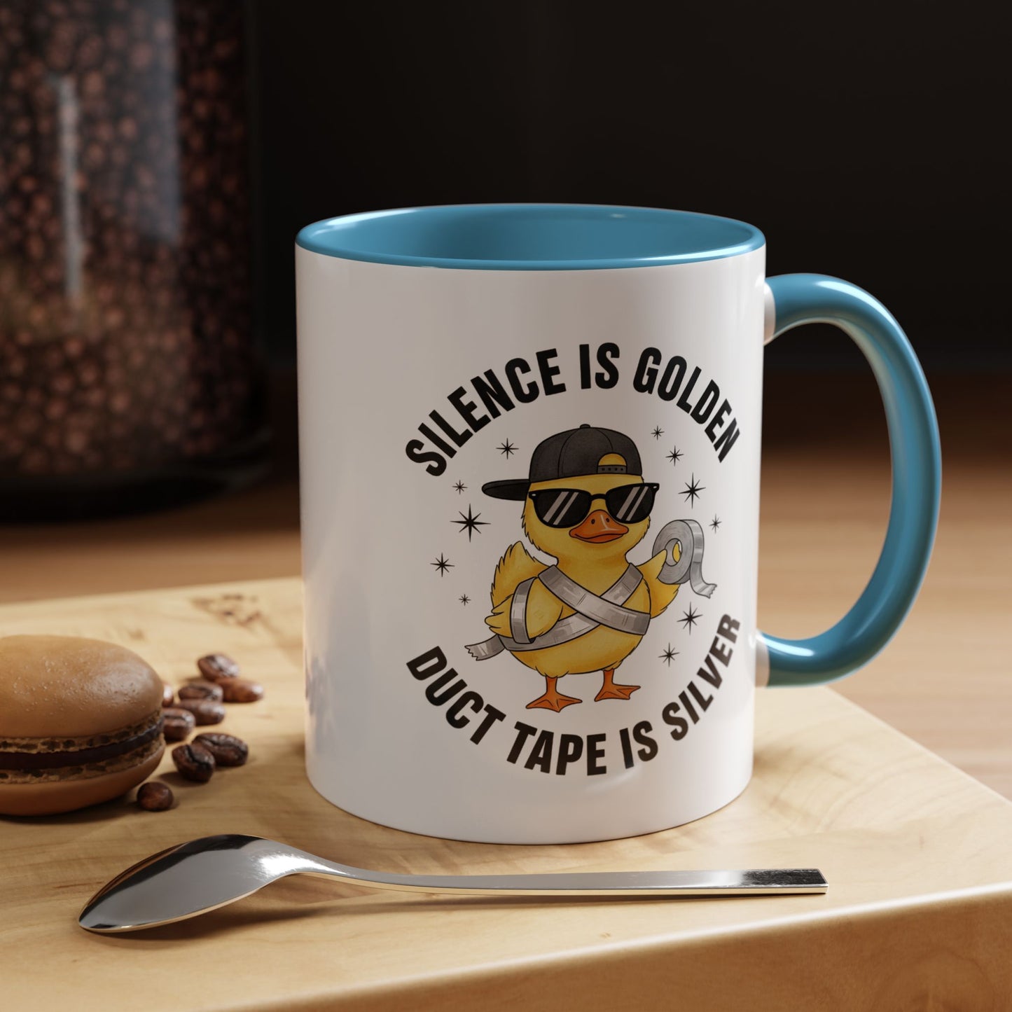 Accent Mug — "Silence is Golden, Duct Tape is Silver" Cute Duck Coffee Cup