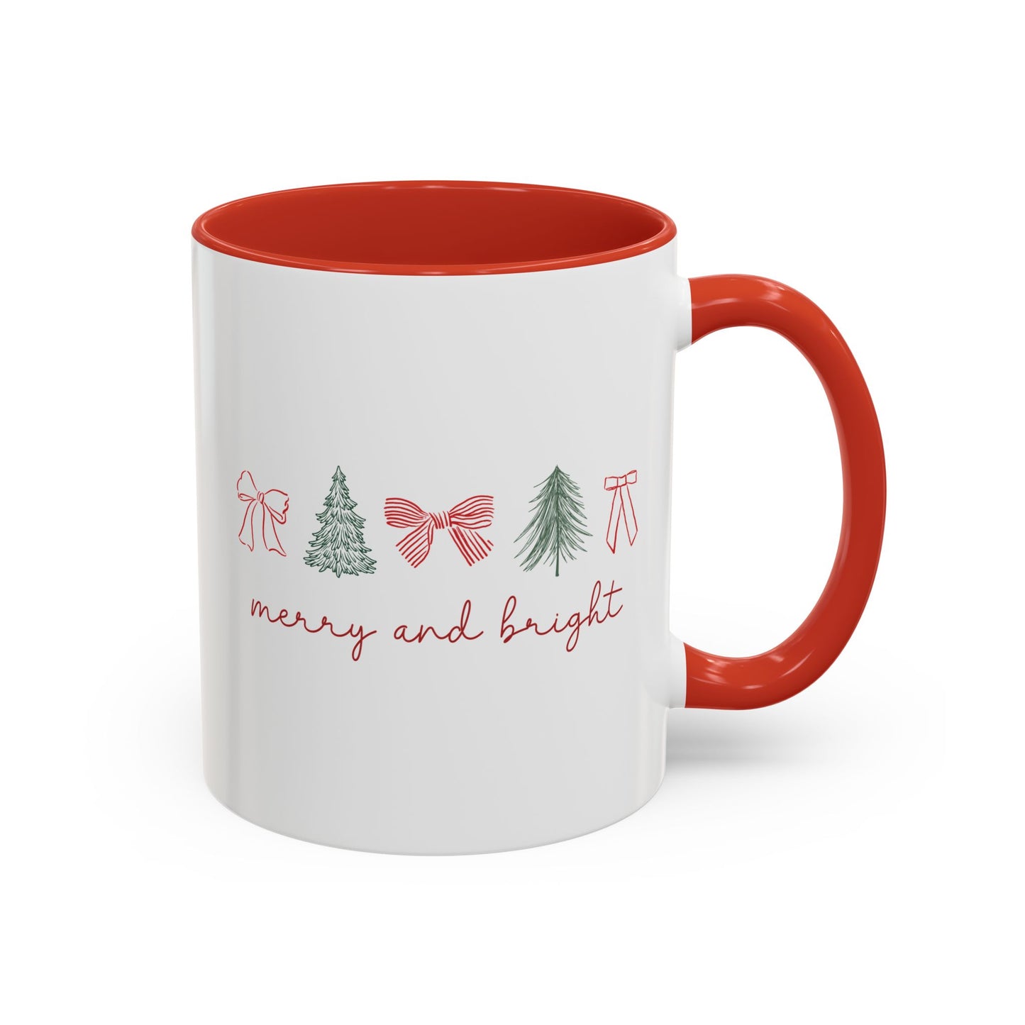 Merry and Bright Accent Coffee Mug — Holiday Christmas Tree & Bow Design (11/15 oz)