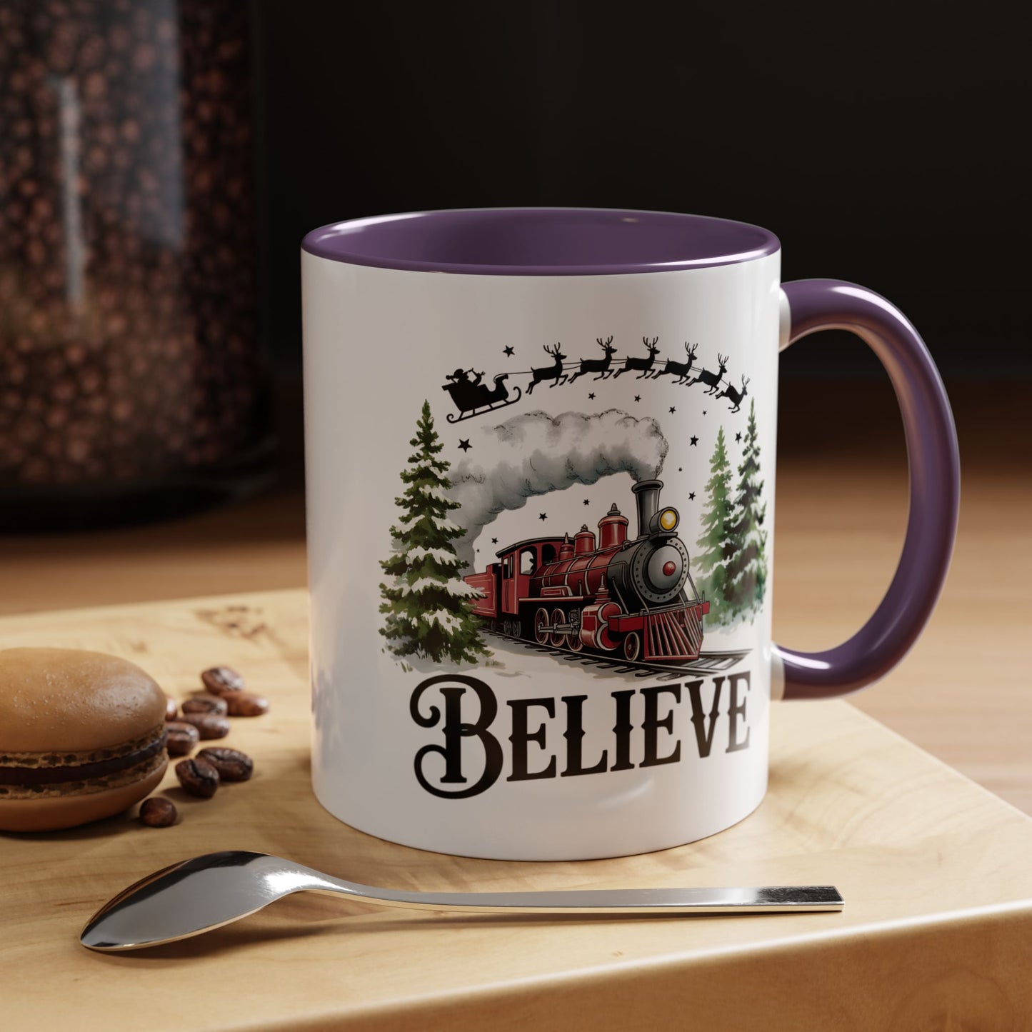 Believe Christmas Train Mug with Santa Sleigh – Holiday Coffee Cup