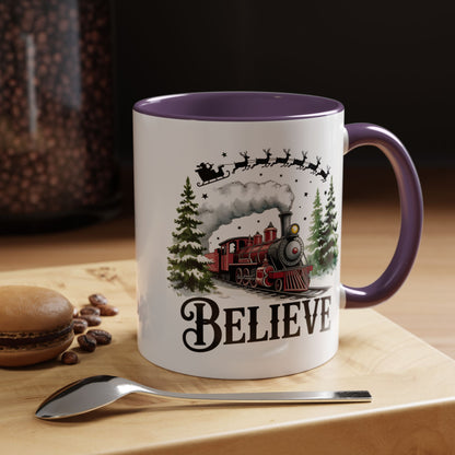 Believe Christmas Train Mug with Santa Sleigh – Holiday Coffee Cup