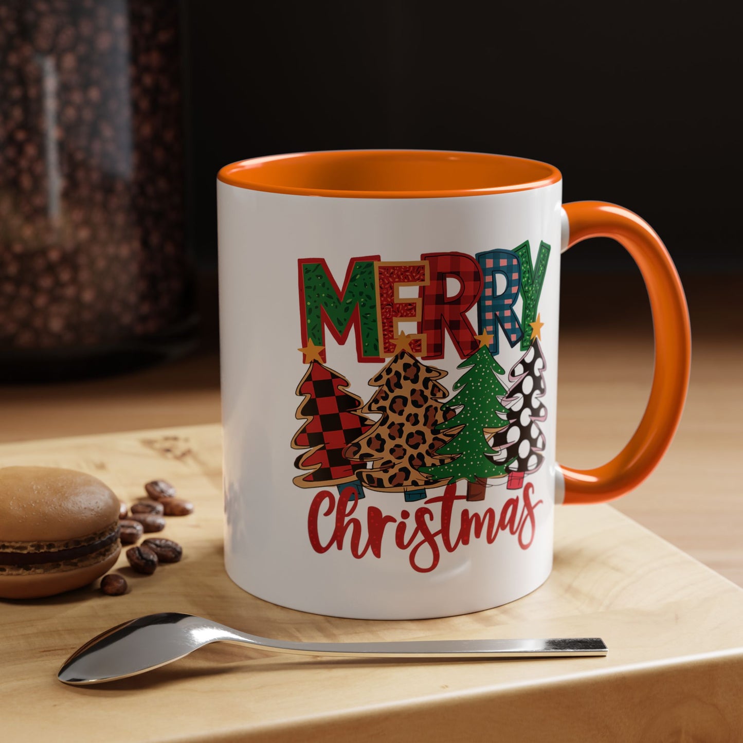 Merry Christmas Accent Coffee Mug — Festive Plaid, Leopard & Pine Tree Holiday Design