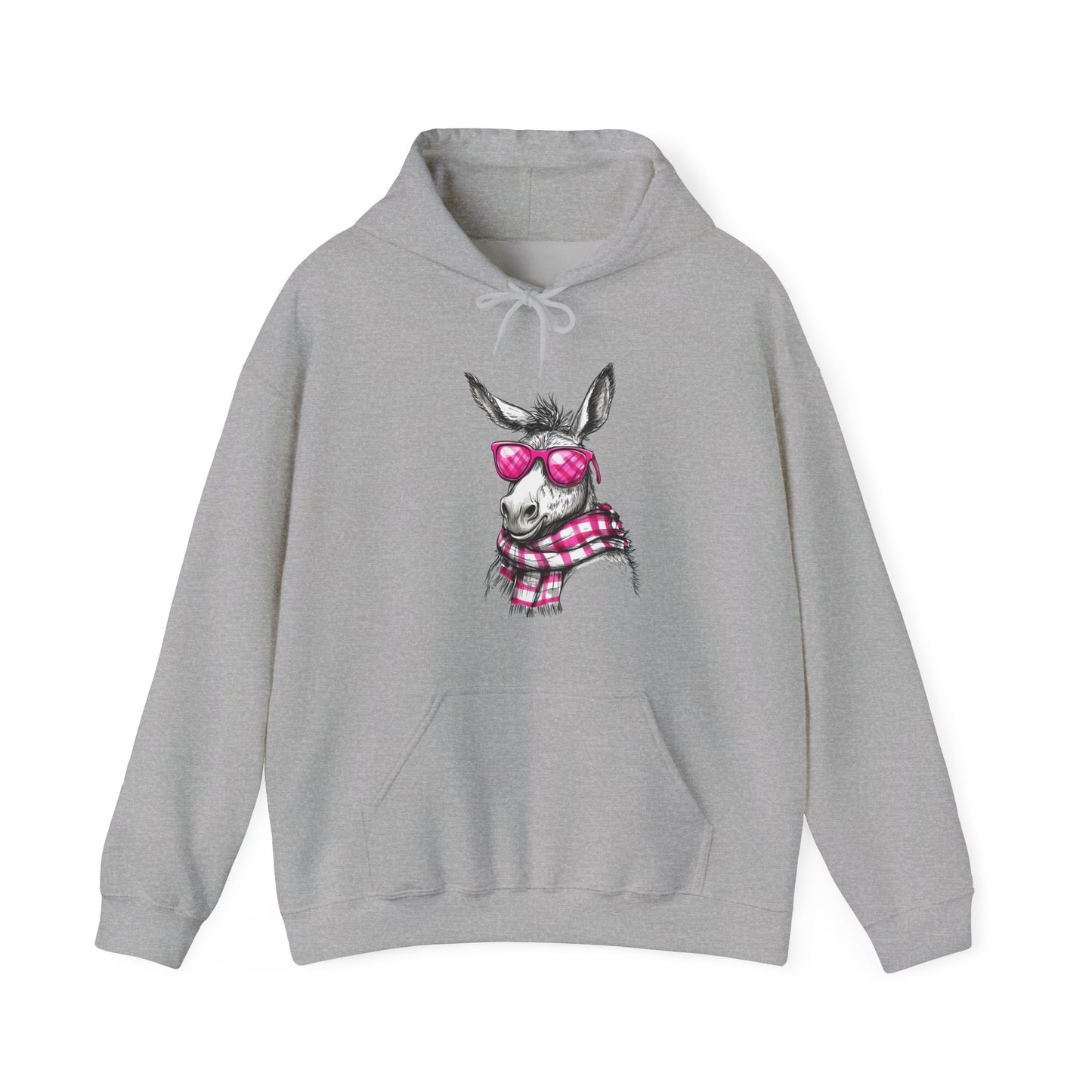 Cool Donkey Hoodie with Pink Glasses & Plaid Scarf — Cute Animal Graphic Sweatshirt