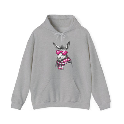 Cool Donkey Hoodie with Pink Glasses & Plaid Scarf — Cute Animal Graphic Sweatshirt