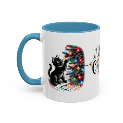 Merry Christmas Cat Mug – Cute Black Cat with Christmas Lights – Holiday Coffee Cup Gift for Cat Lovers