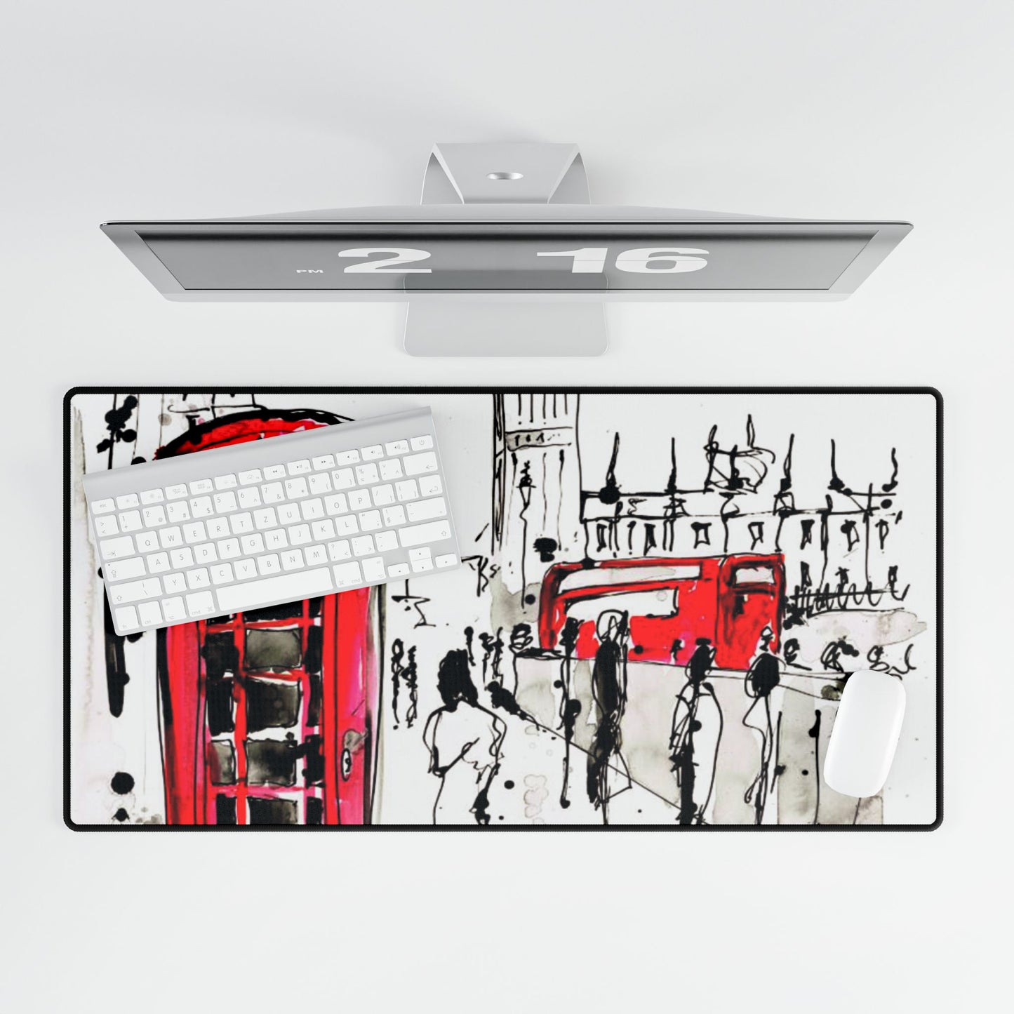 London Scene Desk Mat — Red Telephone Box & Bus Illustration Office Mouse Pad