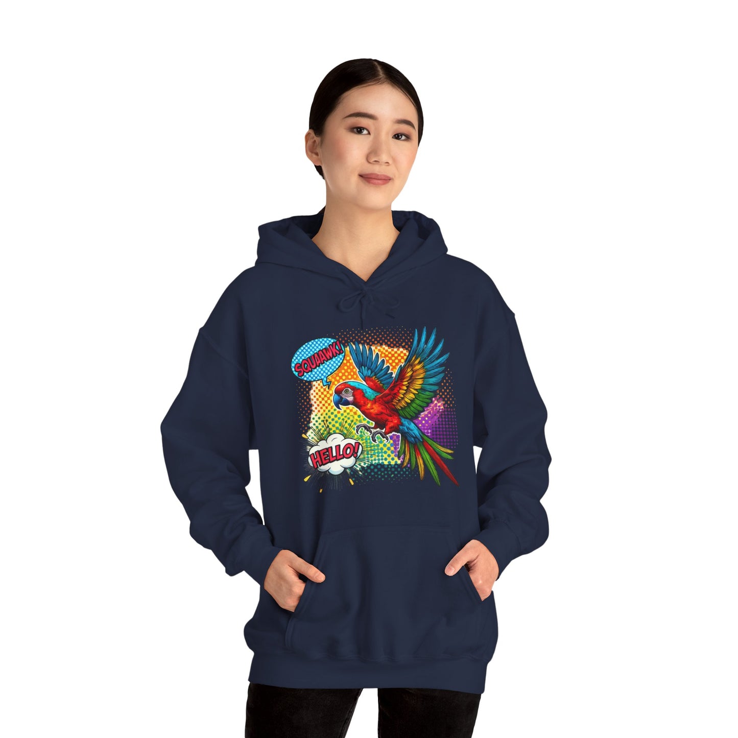 Parrot Pop Art Hoodie — Colorful Macaw 'Hello' Graphic Pullover