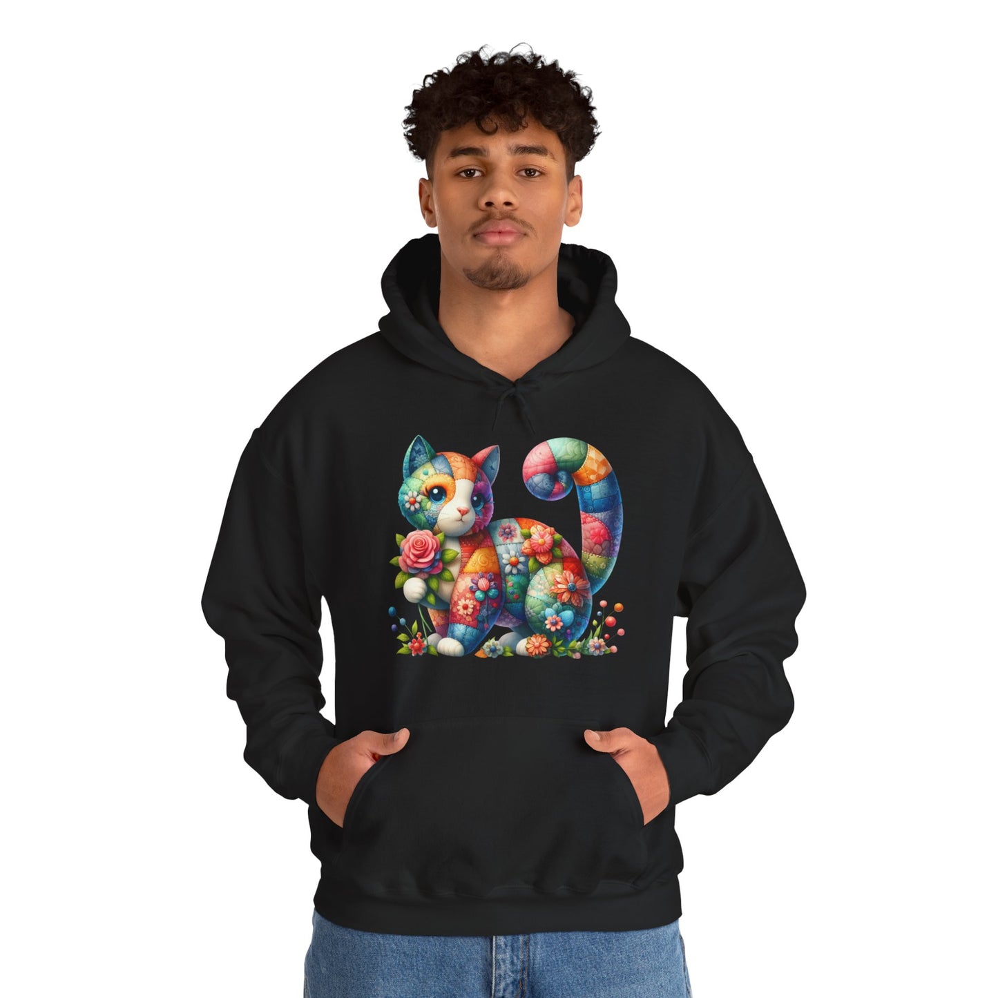 Colorful Floral Cat Hoodie – Vibrant Patchwork Kitty Sweatshirt