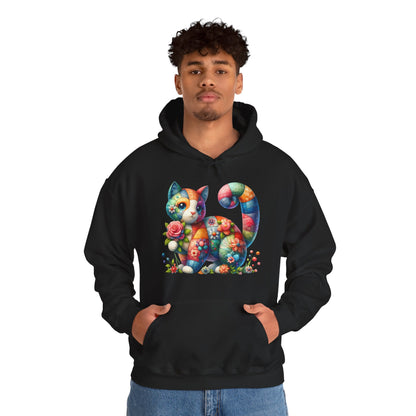 Colorful Floral Cat Hoodie – Vibrant Patchwork Kitty Sweatshirt