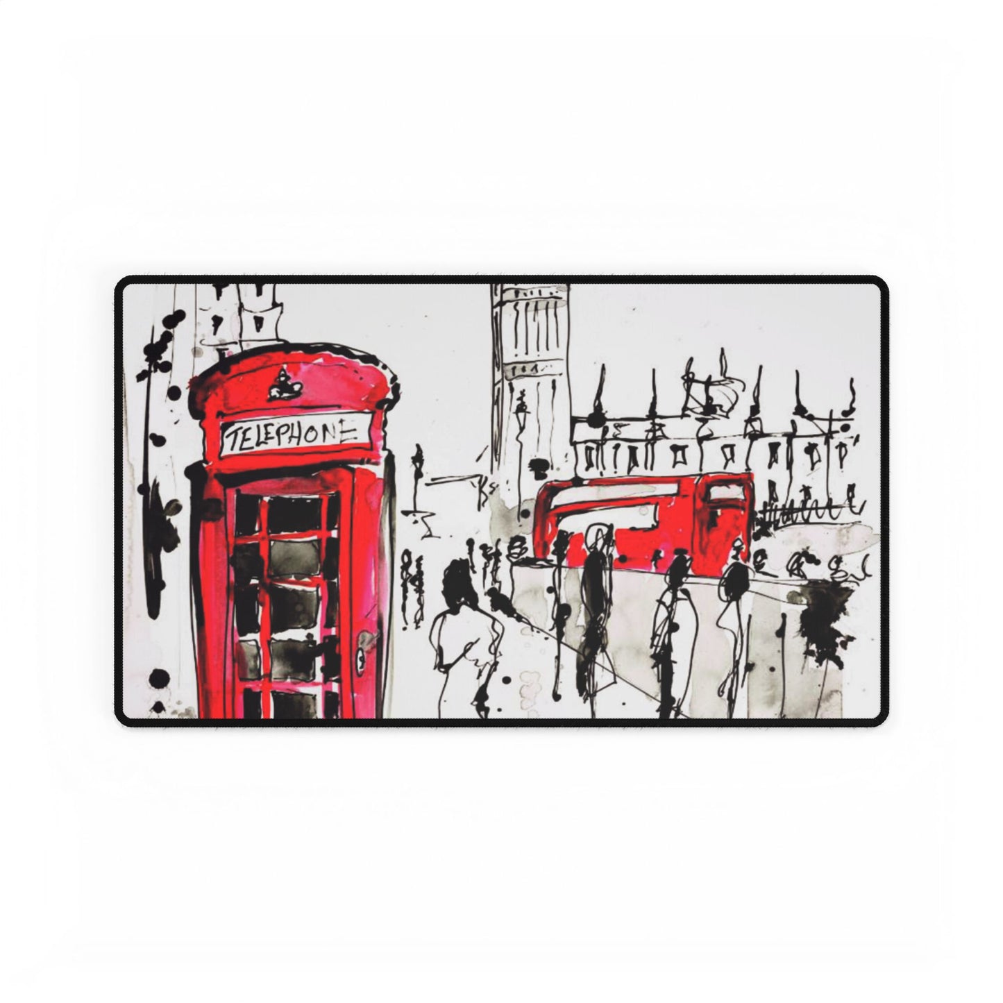 London Scene Desk Mat — Red Telephone Box & Bus Illustration Office Mouse Pad