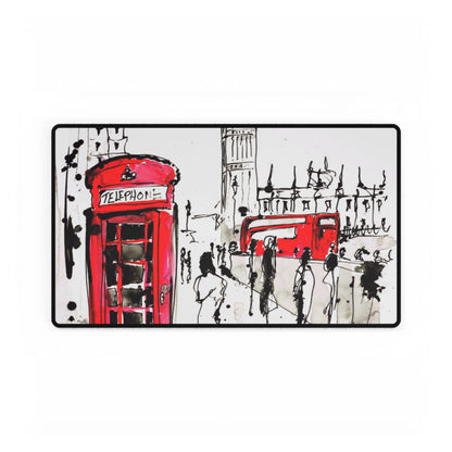London Scene Desk Mat — Red Telephone Box & Bus Illustration Office Mouse Pad