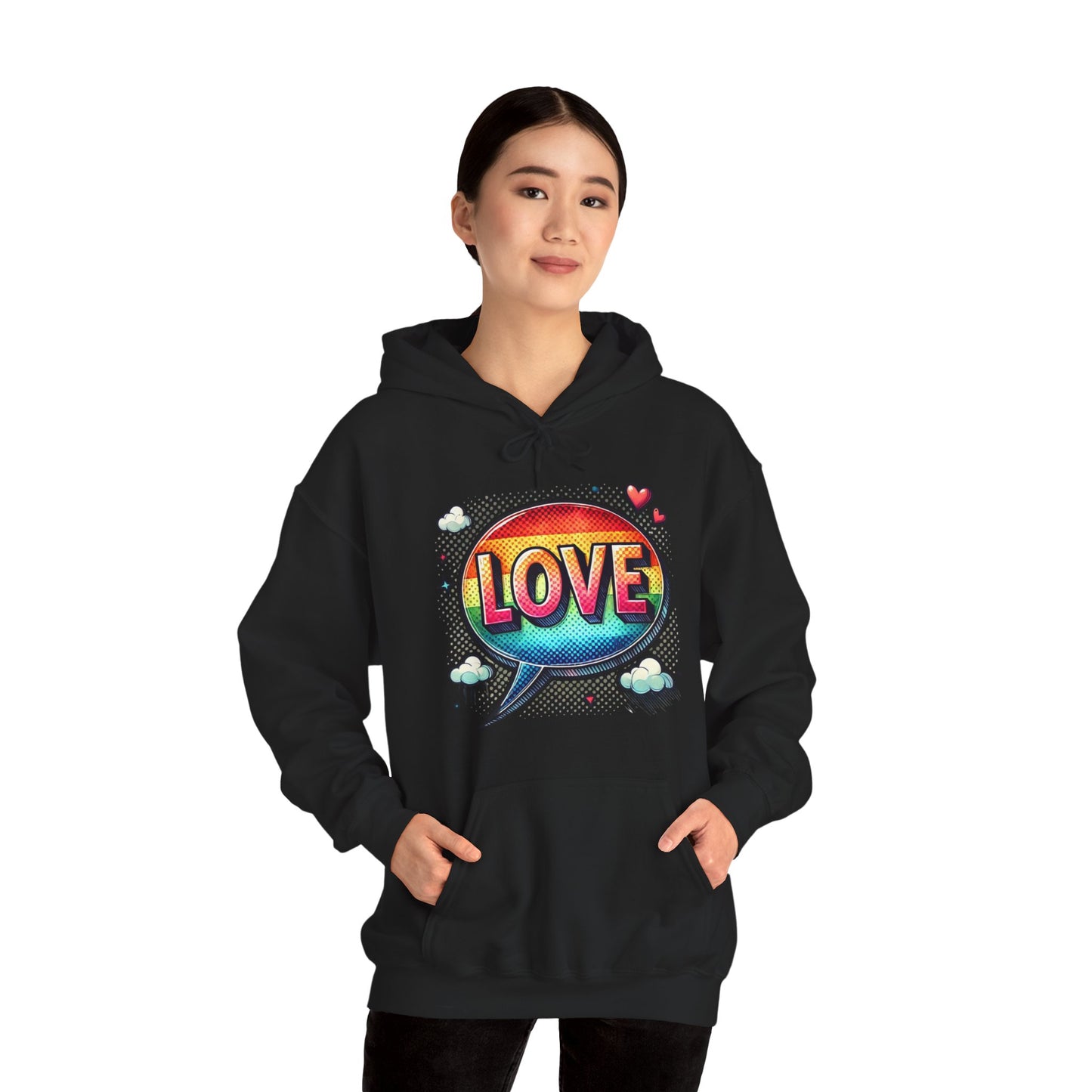 Love Speech Bubble Hoodie — Retro Rainbow Graphic Pullover