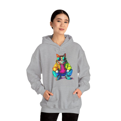 Colorful Retro Cat Hoodie — Vibrant Sunglasses Cat Pullover