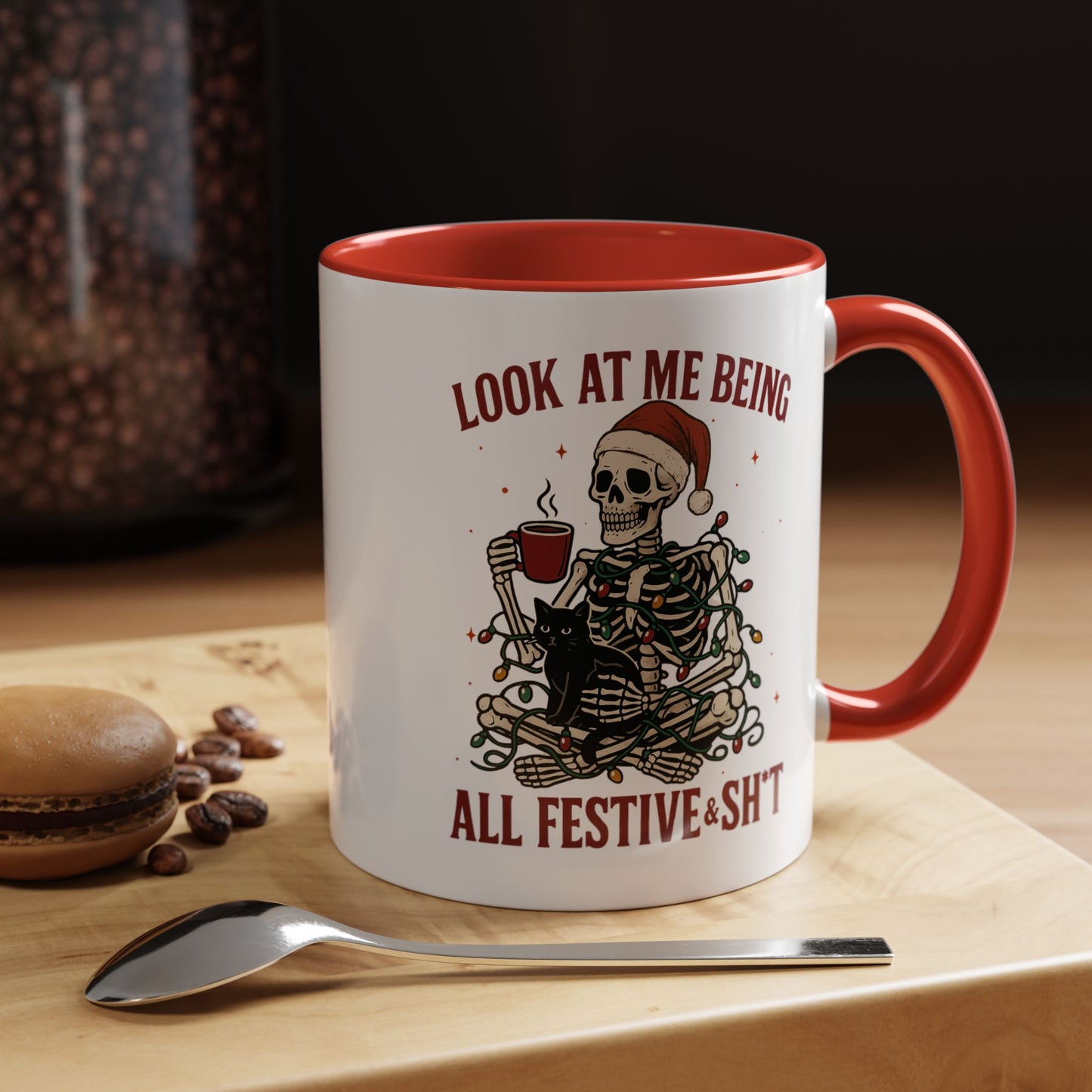 Funny Festive Skeleton Christmas Mug – Holiday Coffee Cup with Cat – Look at Me Being All Festive