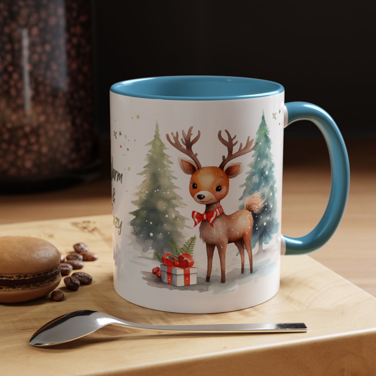 Warm & Cozy Christmas Accent Coffee Mug — Festive Santa, Reindeer & Pine Tree Holiday Drinkware