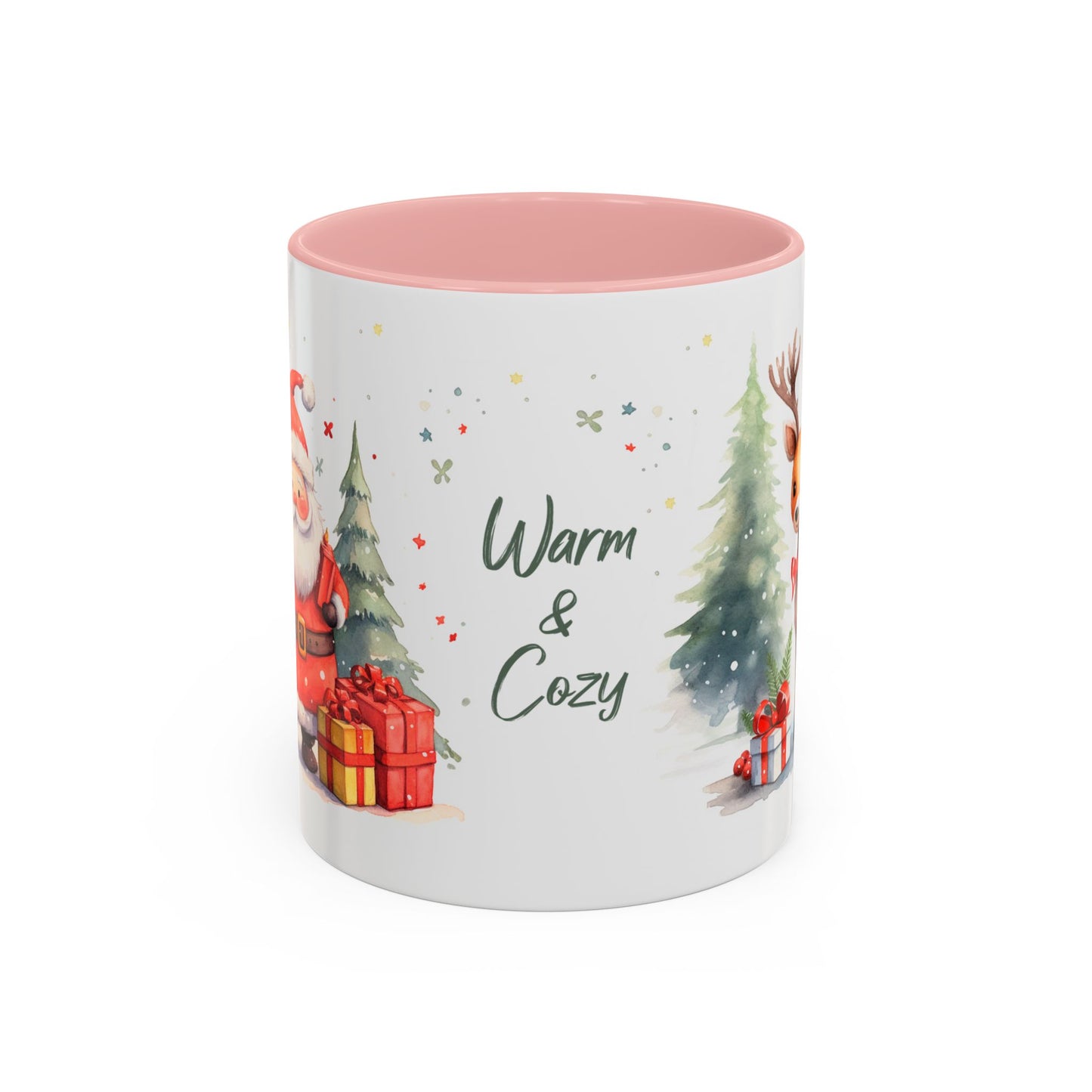 Warm & Cozy Christmas Accent Coffee Mug — Festive Santa, Reindeer & Pine Tree Holiday Drinkware