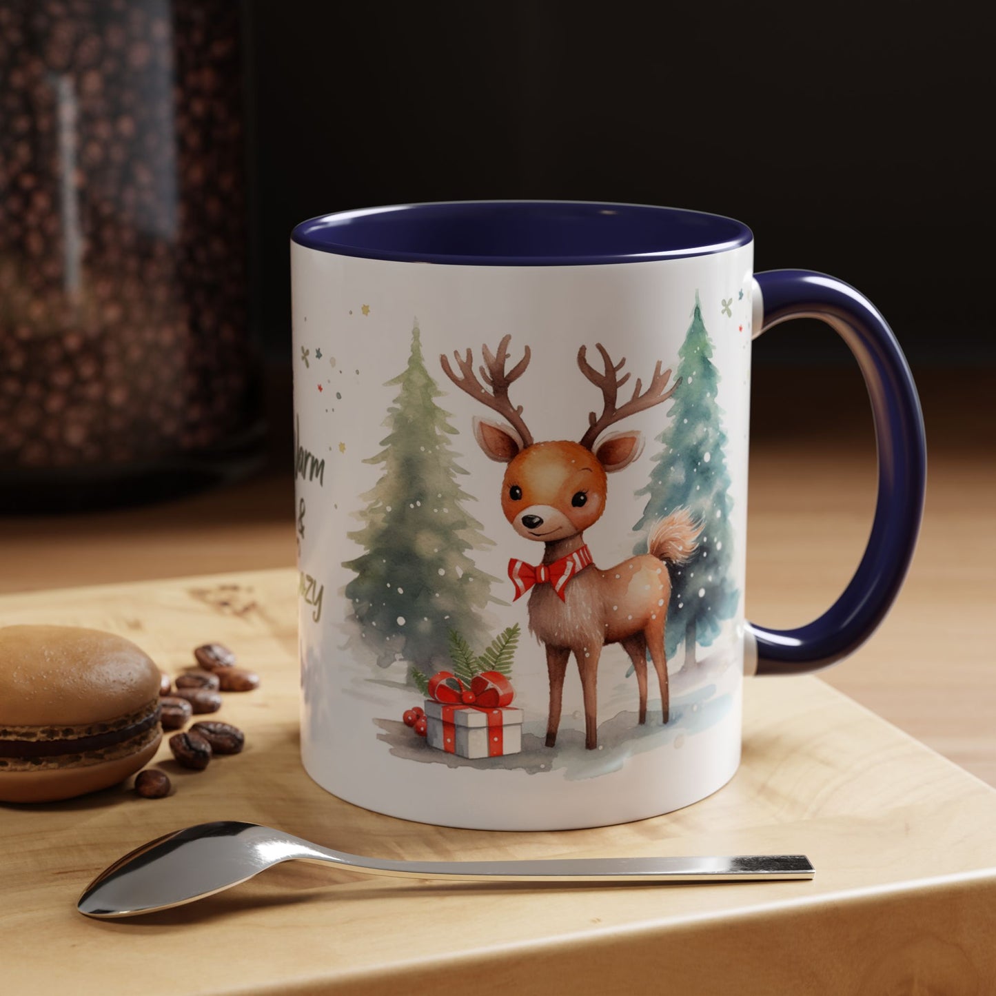 Warm & Cozy Christmas Accent Coffee Mug — Festive Santa, Reindeer & Pine Tree Holiday Drinkware