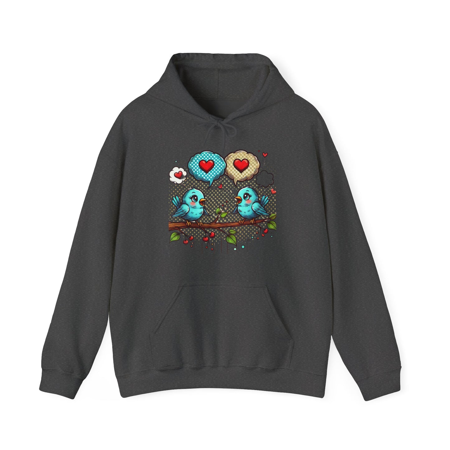 Birds on a Branch Hoodie — Cute Blue Lovebirds with Heart Speech Bubbles