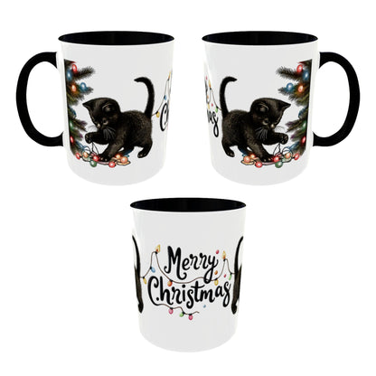 Merry Christmas Black Cat Mug – Cute Holiday Lights Cat Coffee Cup – Perfect Gift for Cat Lovers
