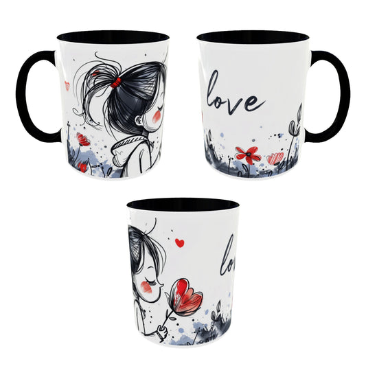 Cute Love Girl Mug – Romantic Flower Illustration Coffee Cup