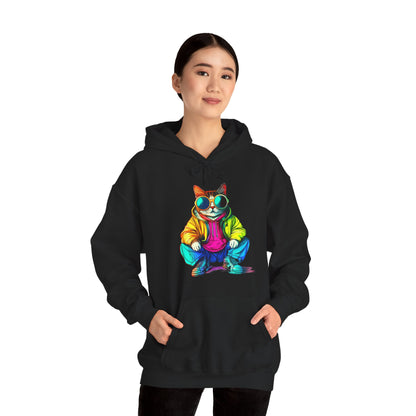 Colorful Retro Cat Hoodie — Vibrant Sunglasses Cat Pullover