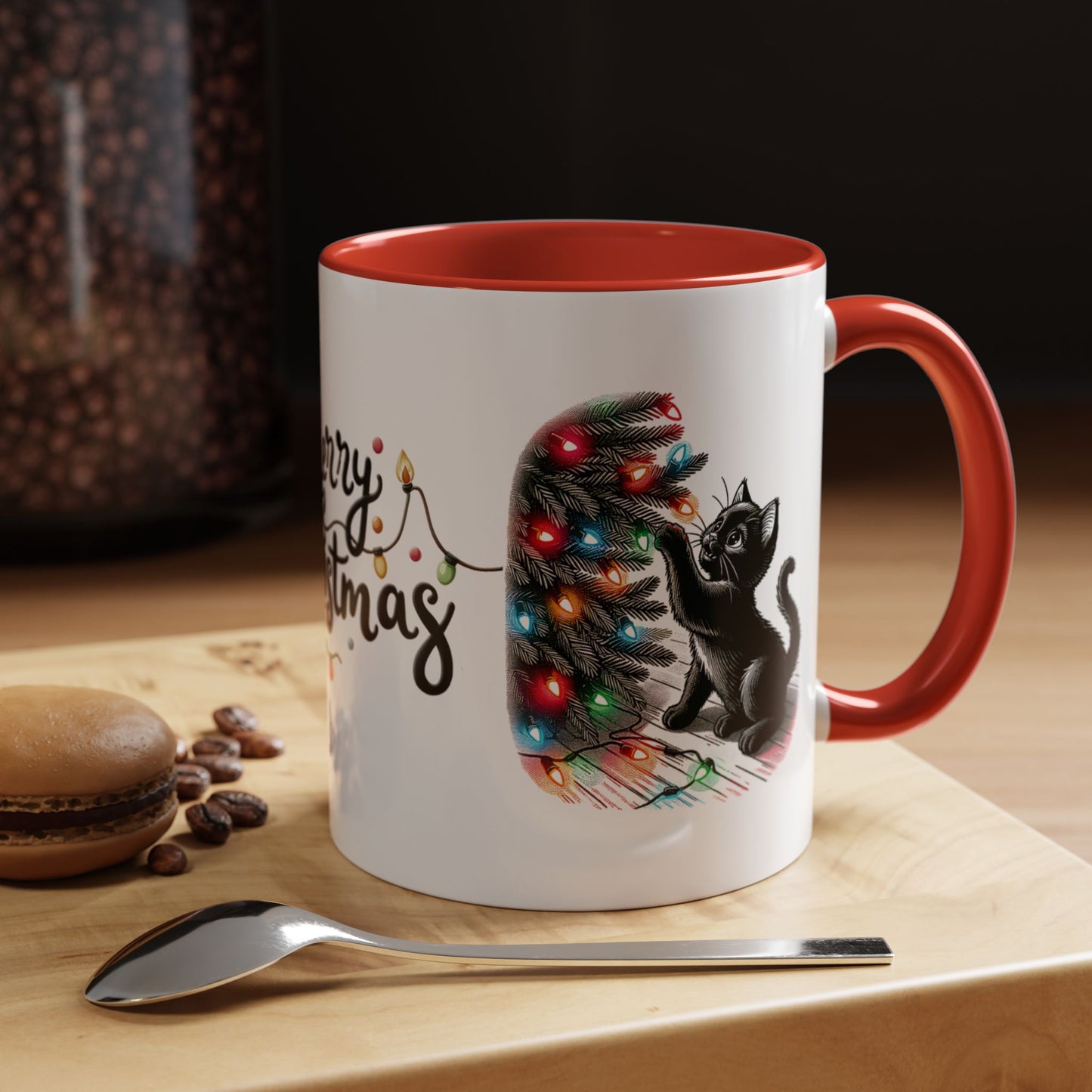 Merry Christmas Cat Mug – Cute Black Cat with Christmas Lights – Holiday Coffee Cup Gift for Cat Lovers