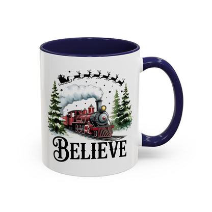 Believe Christmas Train Mug with Santa Sleigh – Holiday Coffee Cup