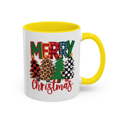Merry Christmas Accent Coffee Mug — Festive Plaid, Leopard & Pine Tree Holiday Design