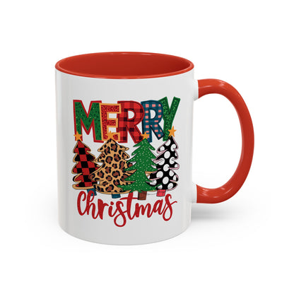 Merry Christmas Accent Coffee Mug — Festive Plaid, Leopard & Pine Tree Holiday Design