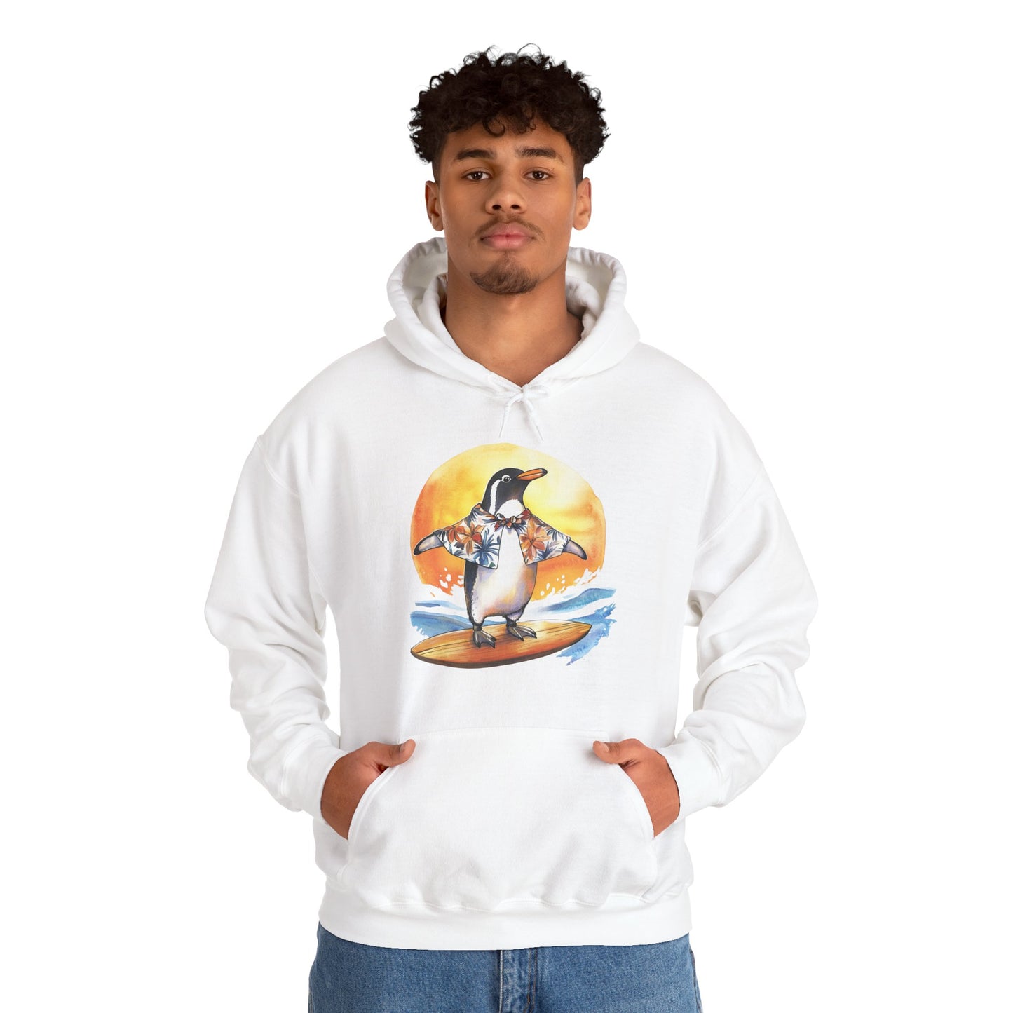 Surfing Penguin Hoodie — Cute Surfboard Penguin Sunset Pullover
