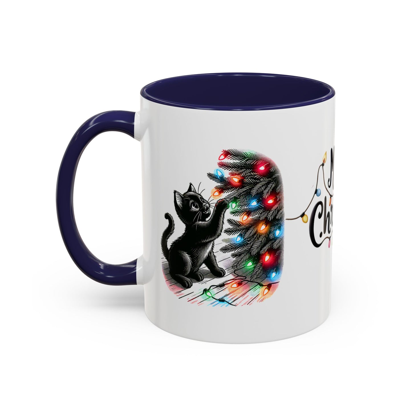 Merry Christmas Cat Mug – Cute Black Cat with Christmas Lights – Holiday Coffee Cup Gift for Cat Lovers