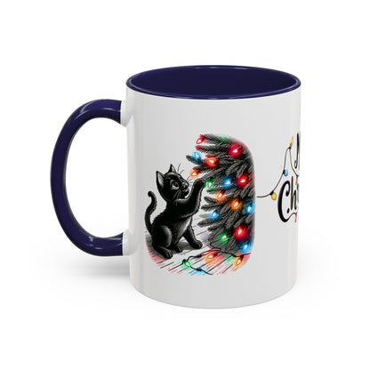 Merry Christmas Cat Mug – Cute Black Cat with Christmas Lights – Holiday Coffee Cup Gift for Cat Lovers