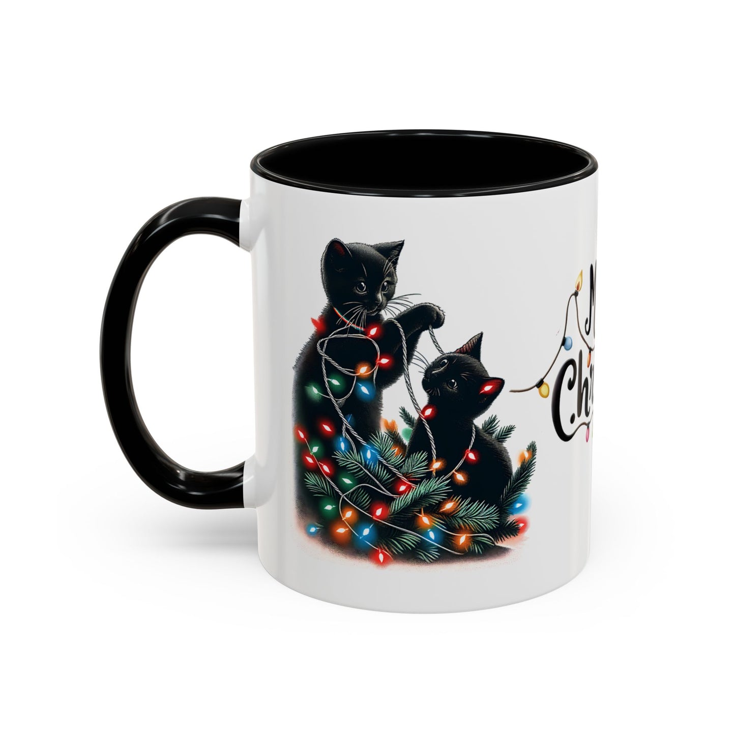 Cute Black Cat Christmas Lights Mug – Festive Holiday Coffee Cup Gift