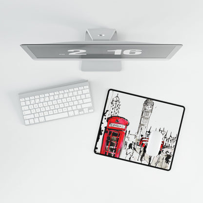 London Scene Desk Mat — Red Telephone Box & Bus Illustration Office Mouse Pad