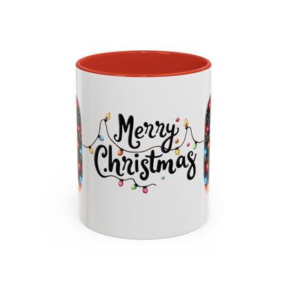 Merry Christmas Cat Mug – Cute Black Cat with Christmas Lights – Holiday Coffee Cup Gift for Cat Lovers