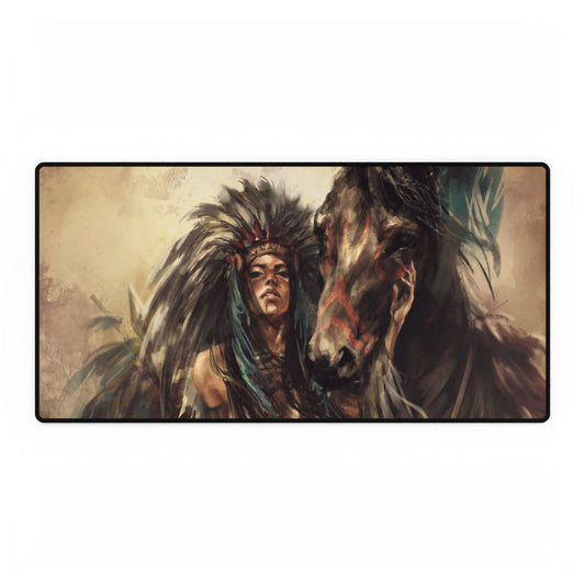 Native Spirit Horse Desk Mat — Bohemian Native American Warrior & Horse Gaming/Work Desk Pad