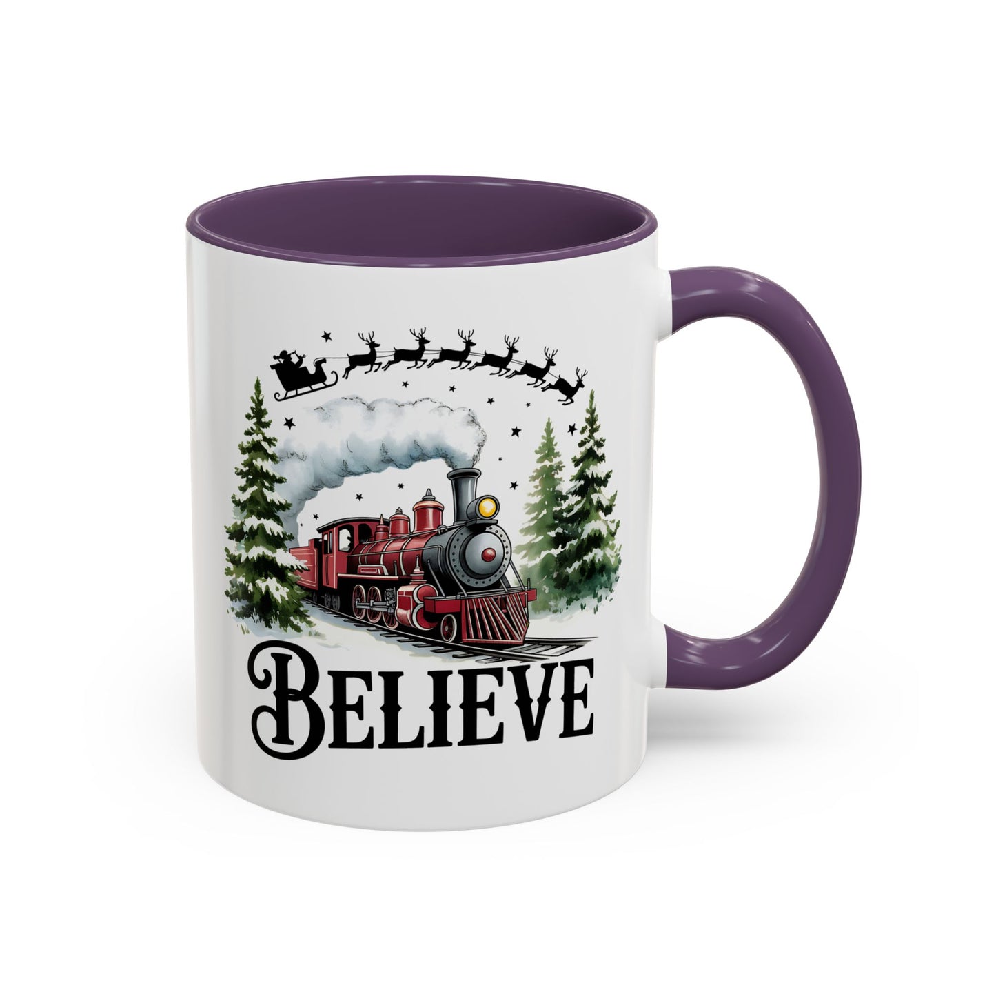 Believe Christmas Train Mug with Santa Sleigh – Holiday Coffee Cup