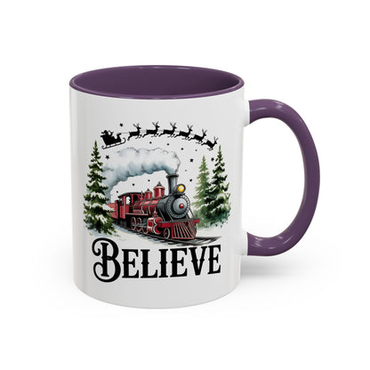 Believe Christmas Train Mug with Santa Sleigh – Holiday Coffee Cup