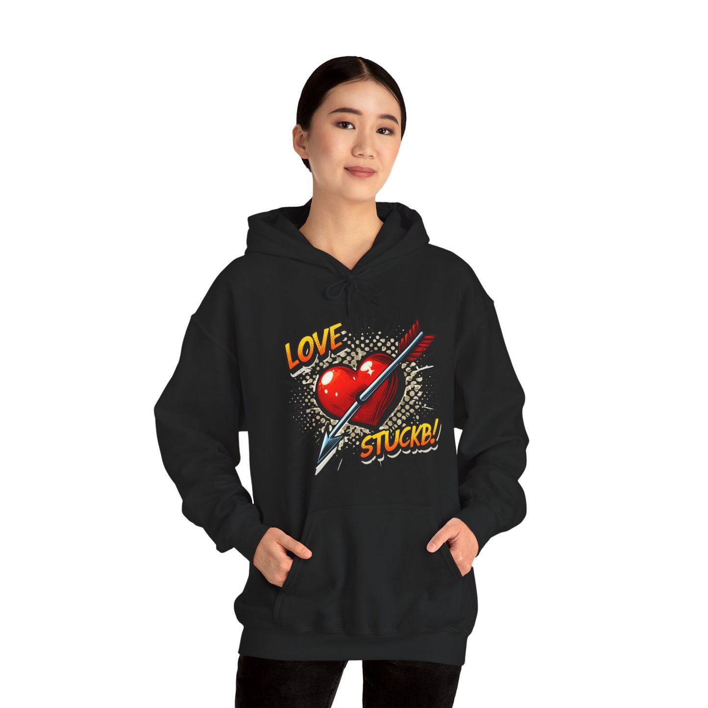 Hoodie — 'Love Stuck!' Retro Heart & Arrow Graphic Hooded Sweatshirt