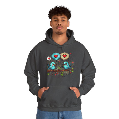 Birds on a Branch Hoodie — Cute Blue Lovebirds with Heart Speech Bubbles