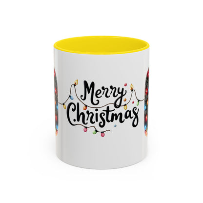 Merry Christmas Cat Mug – Cute Black Cat with Christmas Lights – Holiday Coffee Cup Gift for Cat Lovers