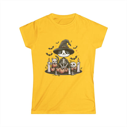 Halloween Witch Cat T-Shirt – Cute Skeleton Cat with Pumpkins & Candles