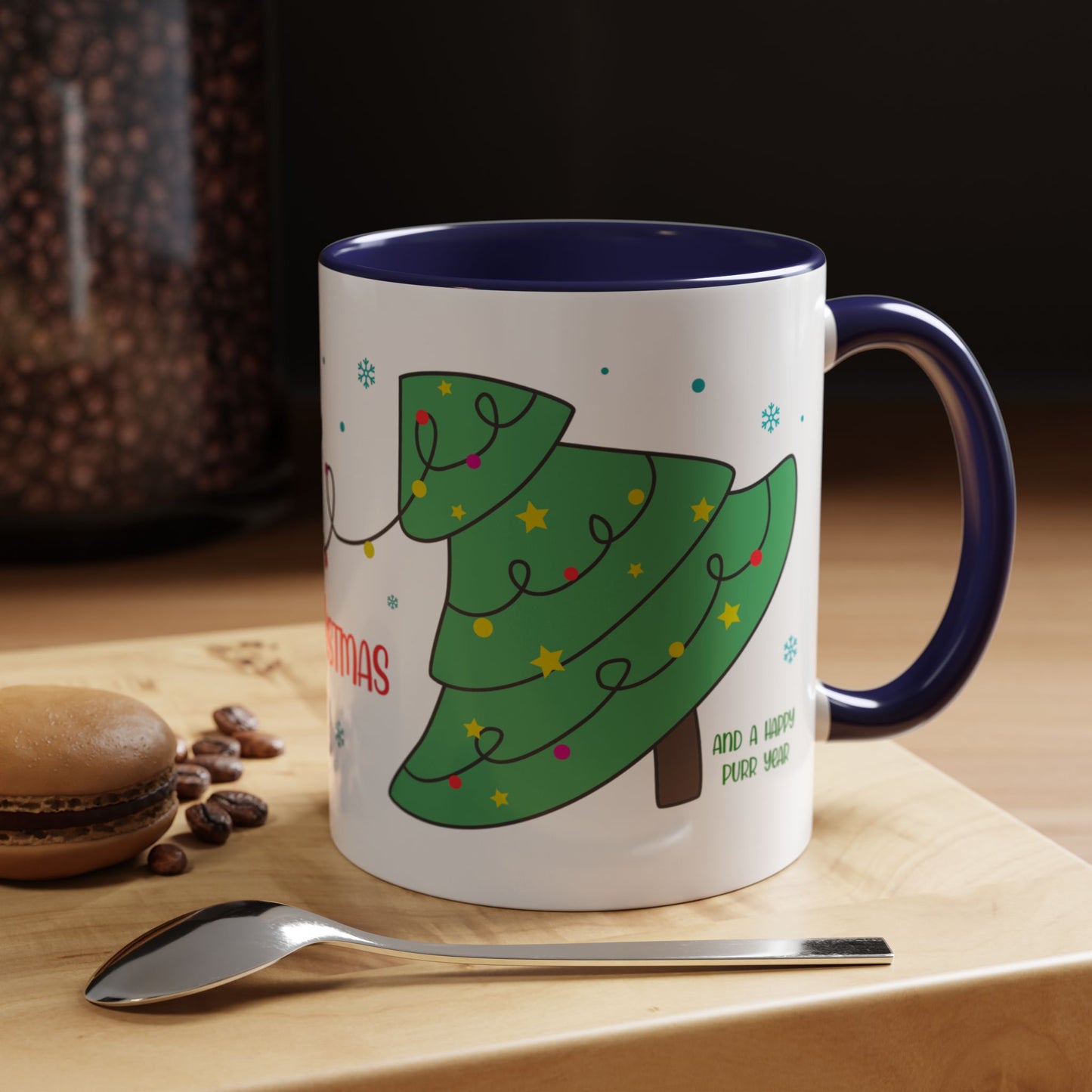 Meowy Christmas Accent Coffee Mug — Cute Cat & Decorated Tree Holiday Mug (11/15oz)