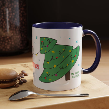 Meowy Christmas Accent Coffee Mug — Cute Cat & Decorated Tree Holiday Mug (11/15oz)
