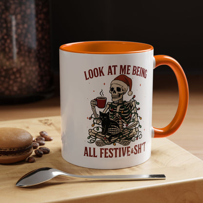 Funny Festive Skeleton Christmas Mug – Holiday Coffee Cup with Cat – Look at Me Being All Festive