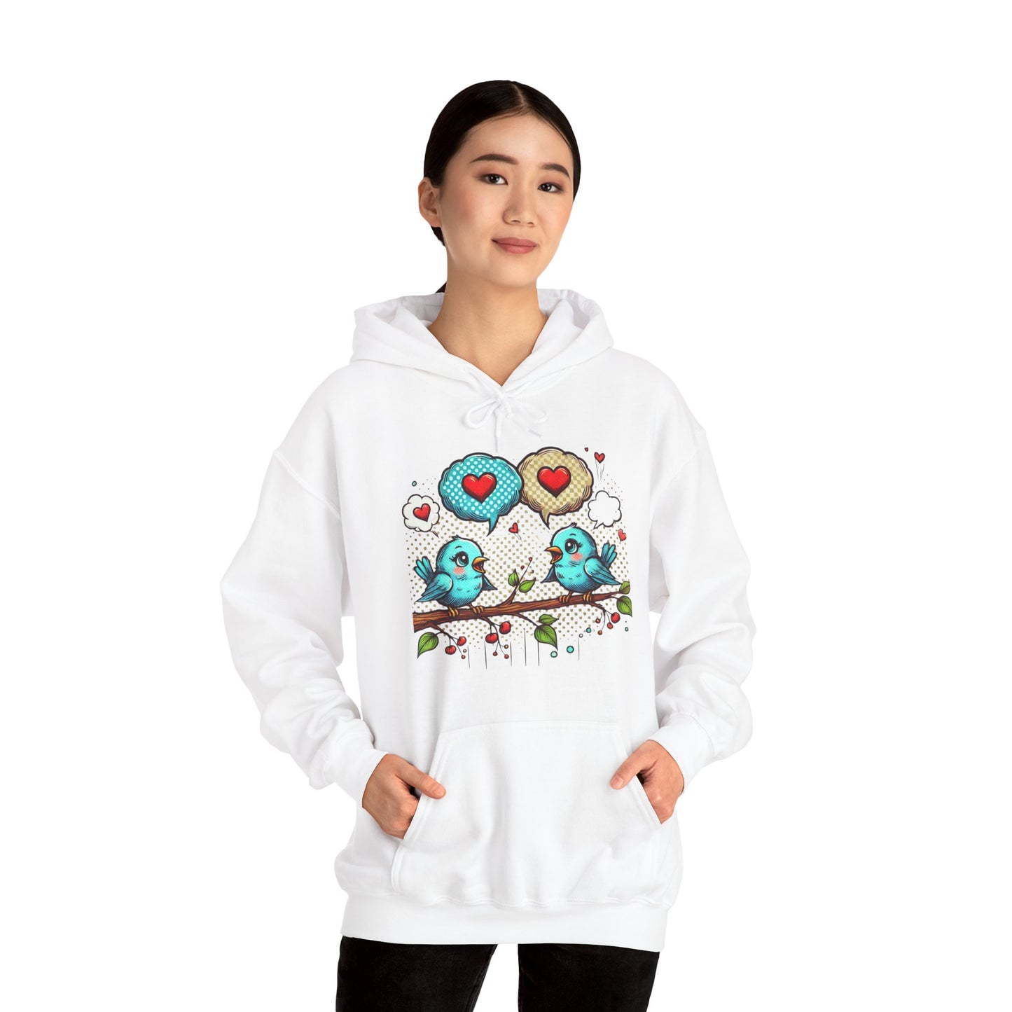 Birds on a Branch Hoodie — Cute Blue Lovebirds with Heart Speech Bubbles