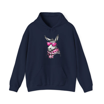 Cool Donkey Hoodie with Pink Glasses & Plaid Scarf — Cute Animal Graphic Sweatshirt