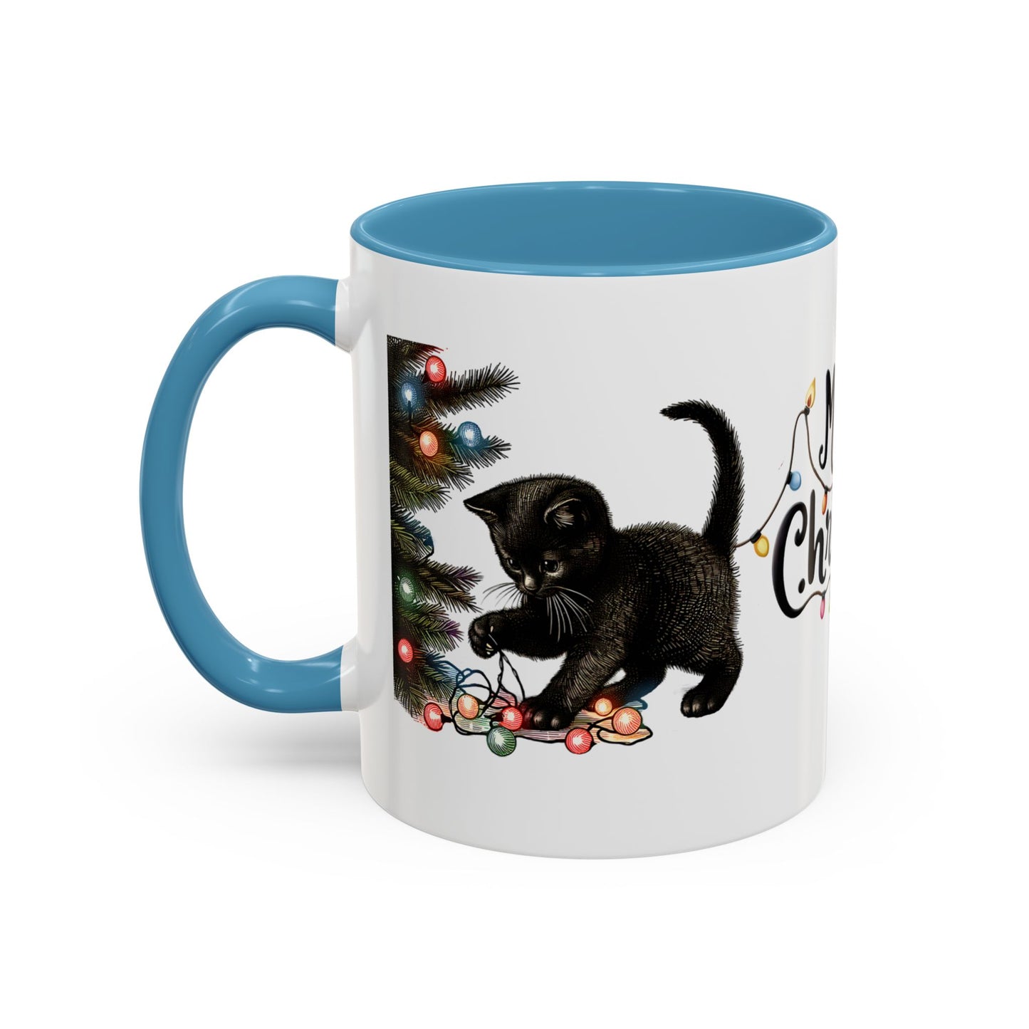 Merry Christmas Black Cat Mug – Cute Holiday Lights Cat Coffee Cup – Perfect Gift for Cat Lovers