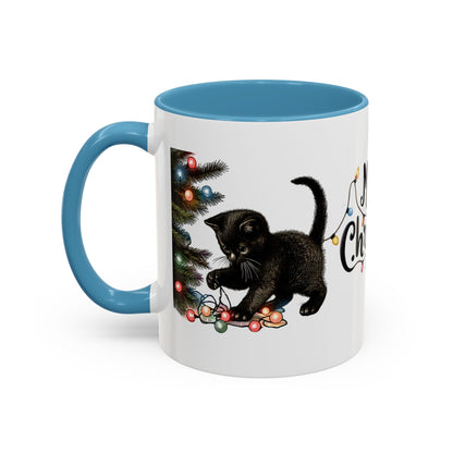 Merry Christmas Black Cat Mug – Cute Holiday Lights Cat Coffee Cup – Perfect Gift for Cat Lovers